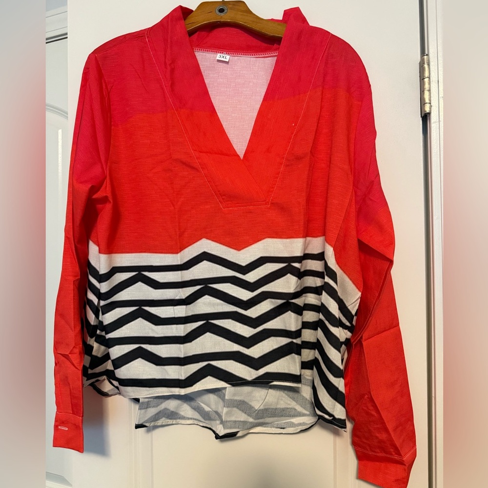 Red, black, and white blouse